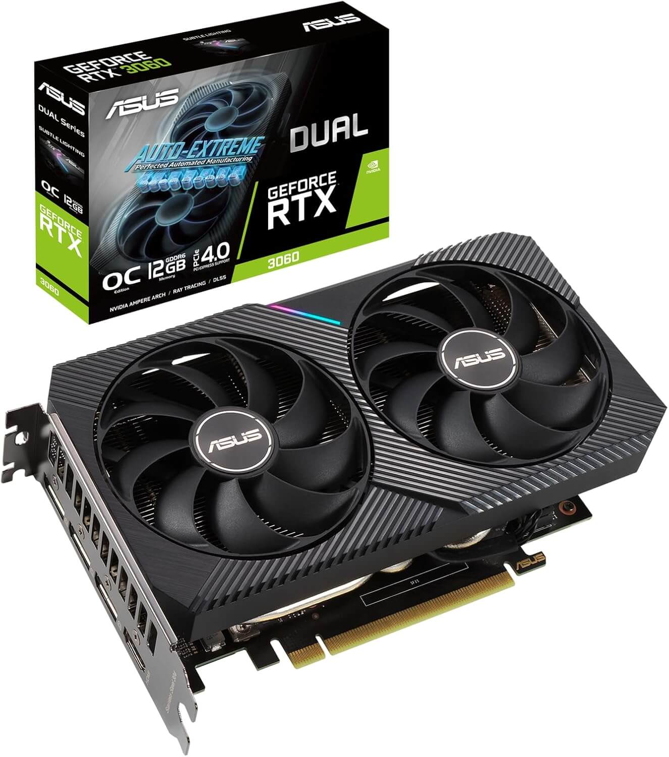 Carte graphique ASUS GeForce RTX 3060 avec double ventilateur et design noir.