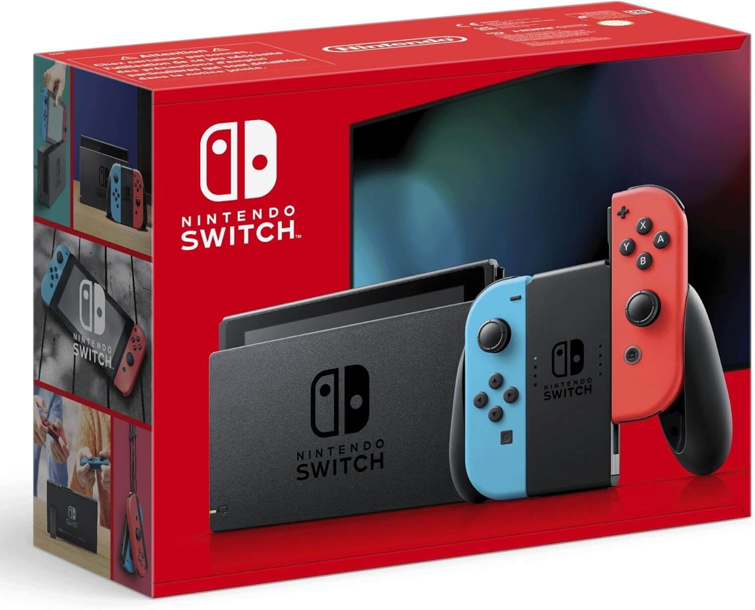 Console Nintendo Switch V2 sur sa station d’accueil avec Joy-Con rouge et bleu.