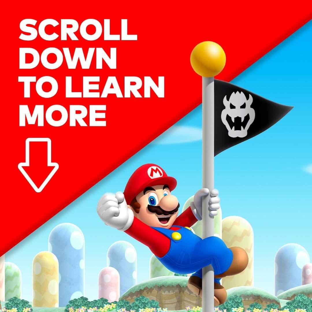 Console Nintendo Switch Oled with Mario celebrating and encouraging viewers to scroll down for more information.