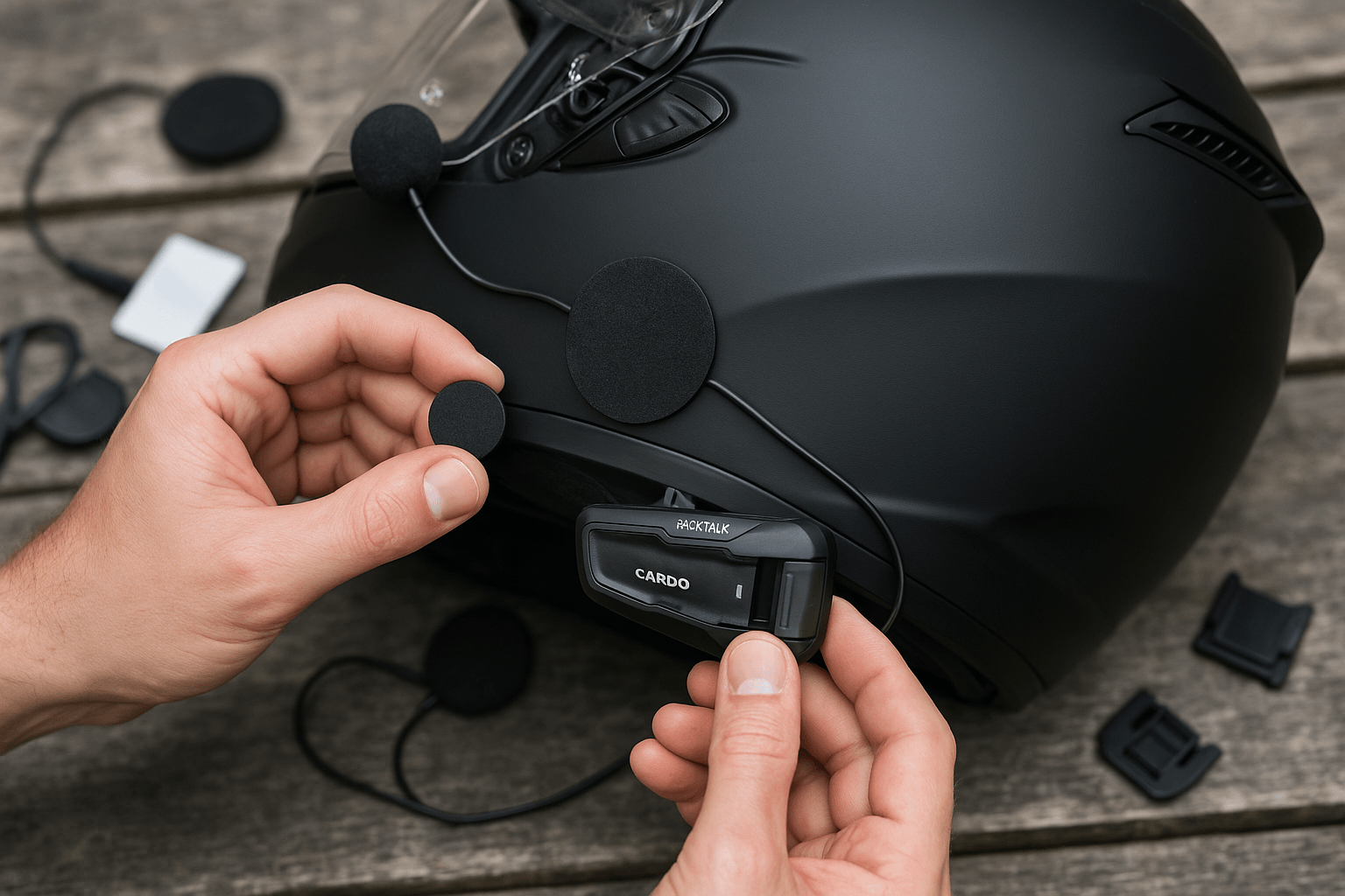 Comment installer un intercom Cardo sur son casque moto avec des pièces et un casque.