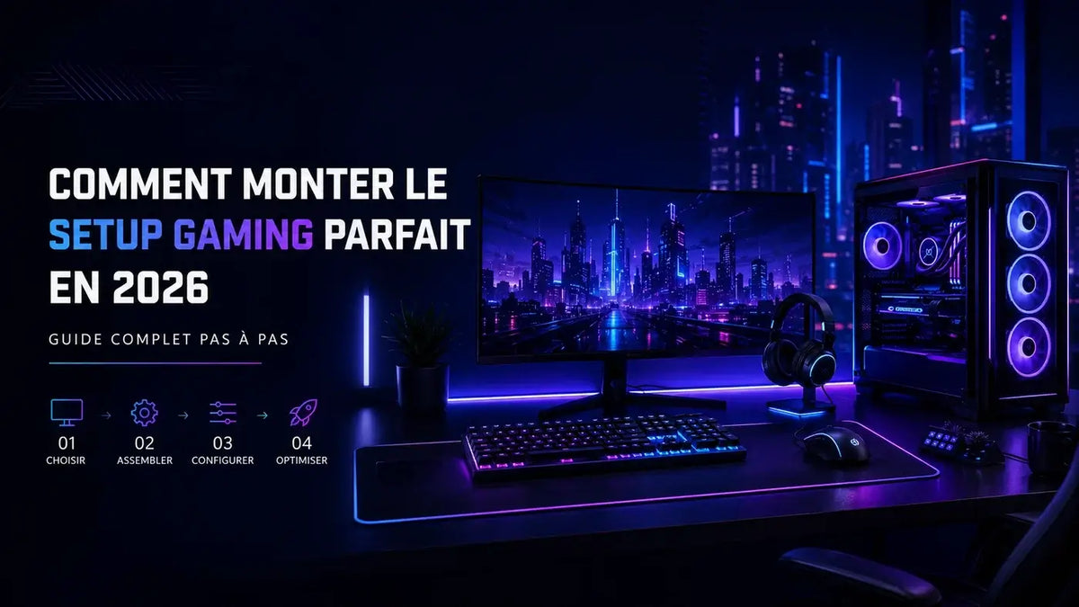 Setup gaming complet avec PC, écran et périphériques en 2026.