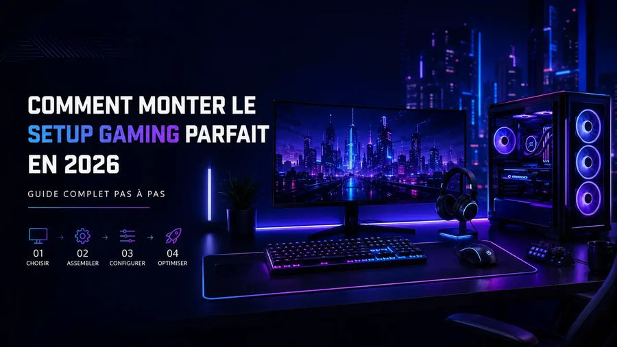 Setup gaming complet avec PC, écran et périphériques en 2026.
