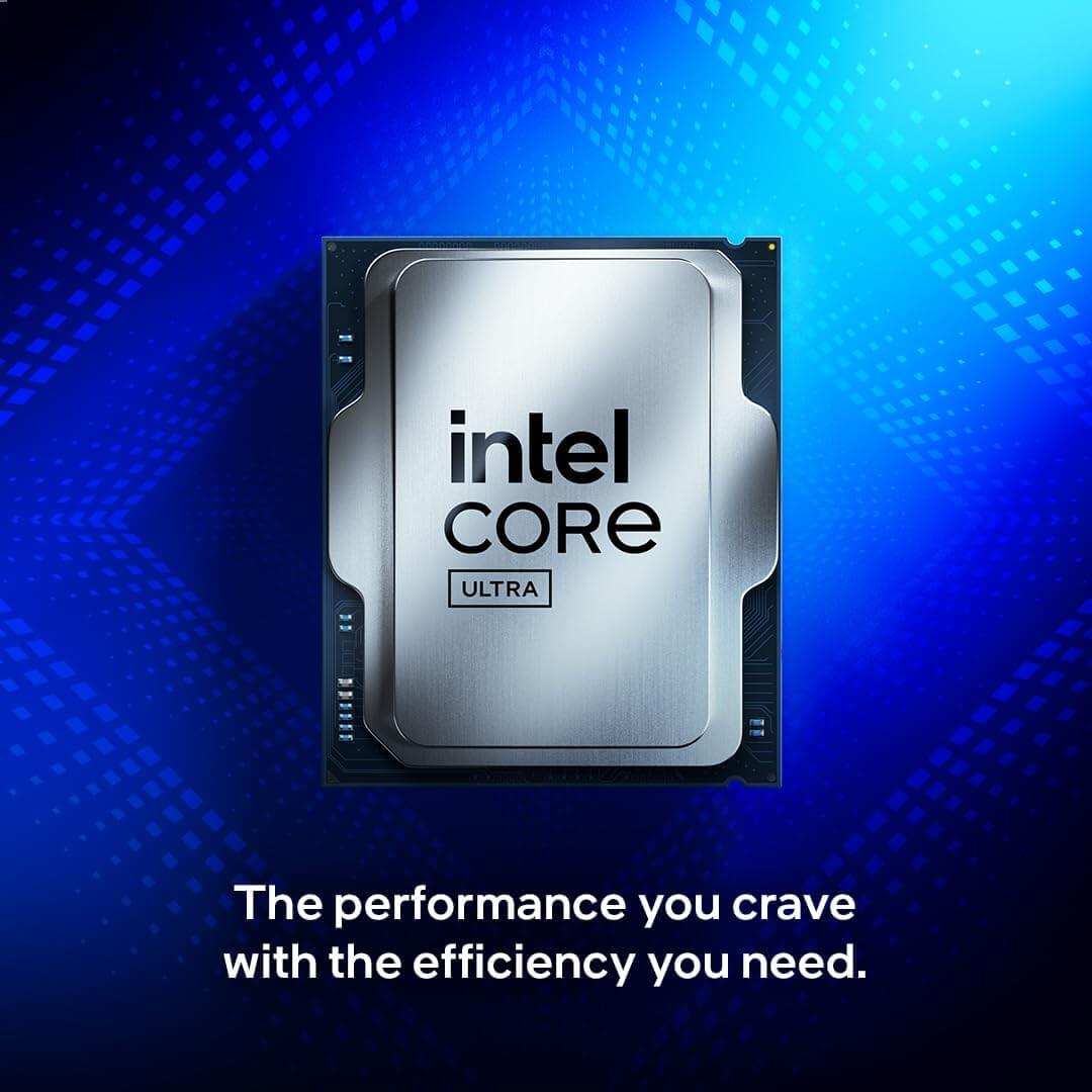 Processeur Intel Core Ultra 5 225F sur fond bleu, accentuant performance et efficacité.