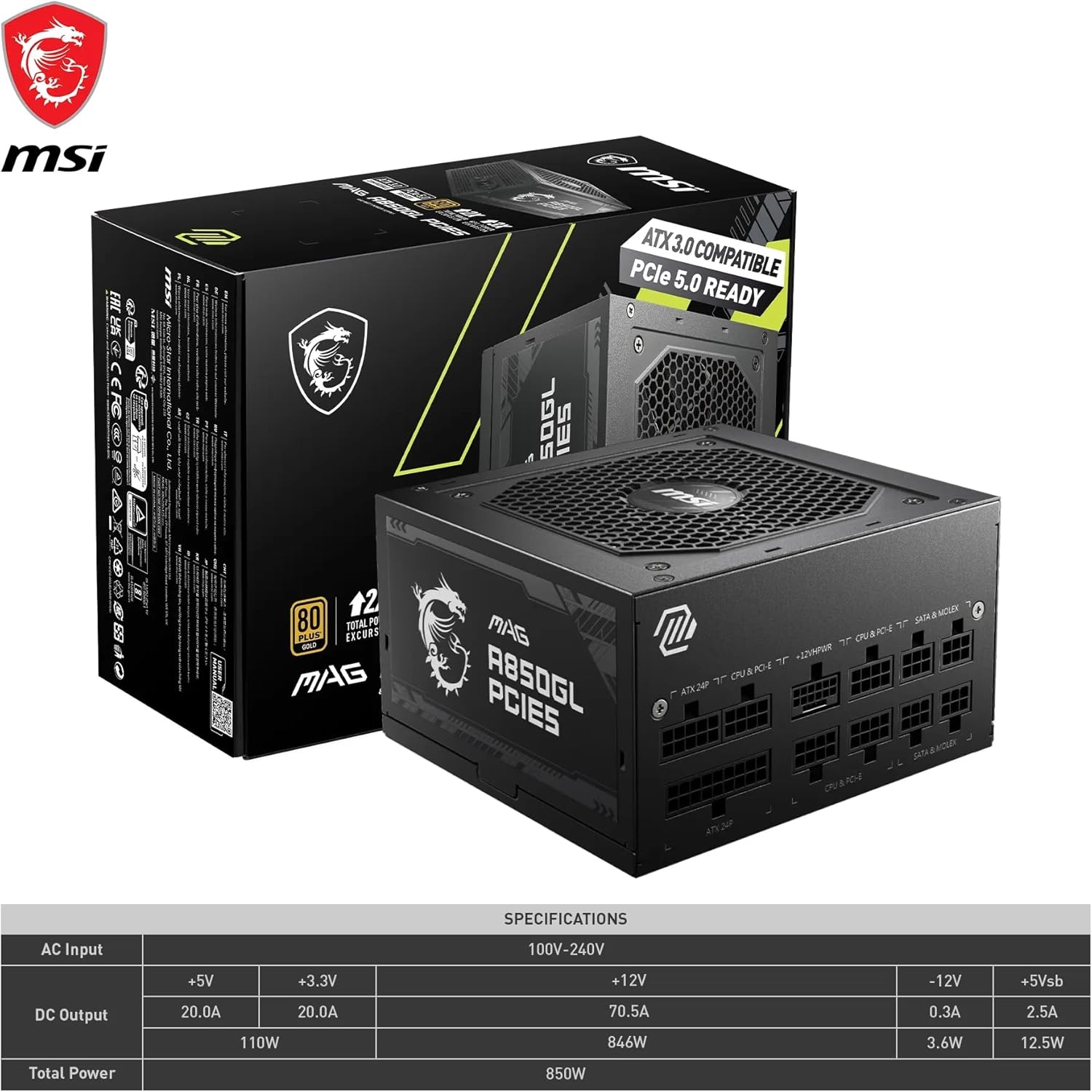 Alimentation MSI MAG A850GL PCIE5 850W – 80 Plus Gold ATX 3.0