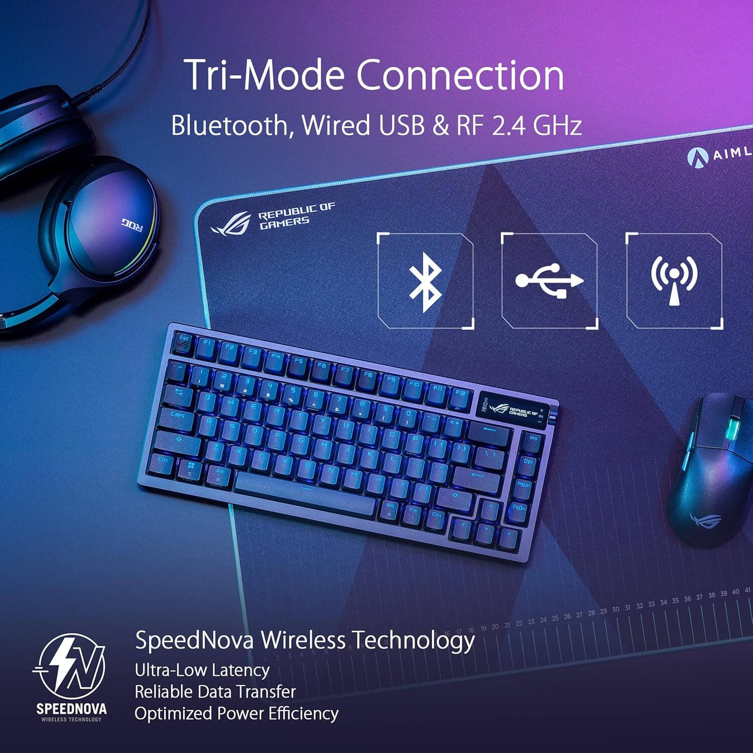 ASUS ROG Azoth Gaming avec connexion tri-mode Bluetooth, USB et RF 2.4 GHz pour une performance optimale.