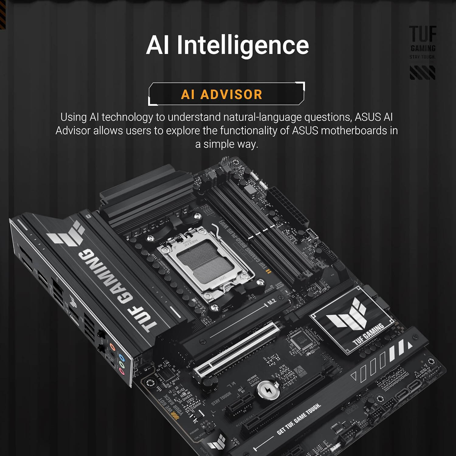 ASUS TUF B850-PLUS WIFI avec AI Advisor pour une utilisation simplifiée des fonctionnalités.
