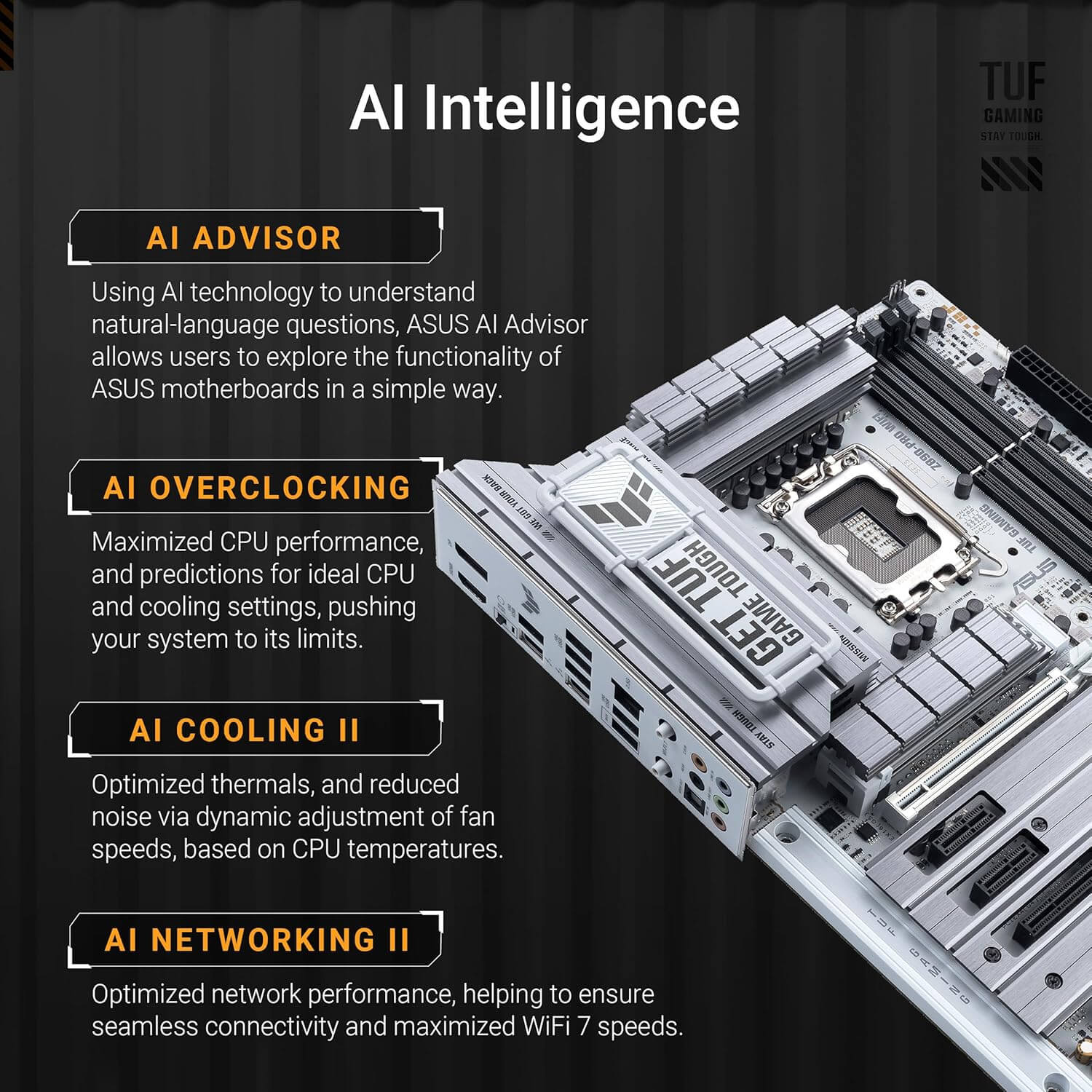 Détails de l'ASUS TUF Z890-PRO WiFi avec fonctionnalités d'intelligence artificielle.