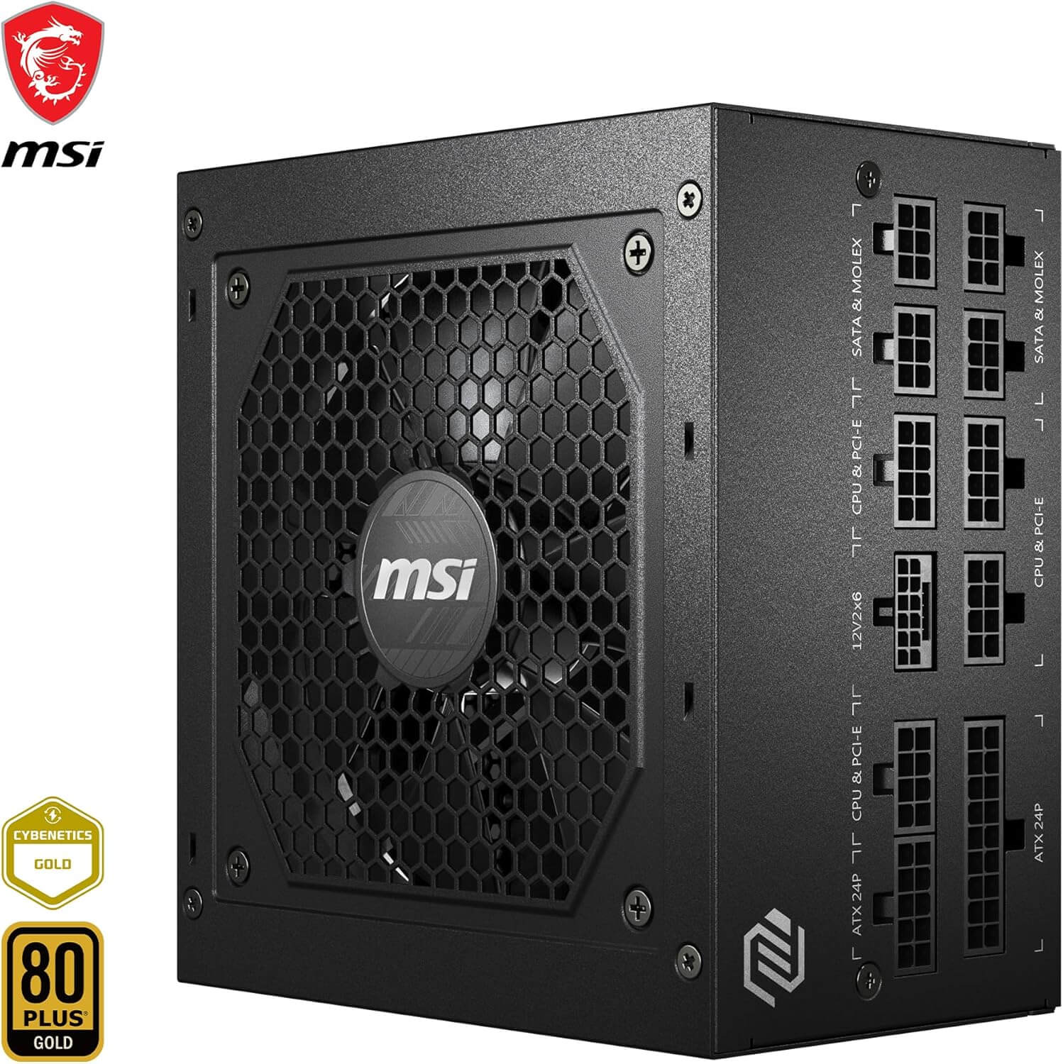 Alimentation MSI MAG A750GL PCIE5 avec ventilateur et connecteurs pour alimentations PC modernes, certifiée 80 Plus Gold.
