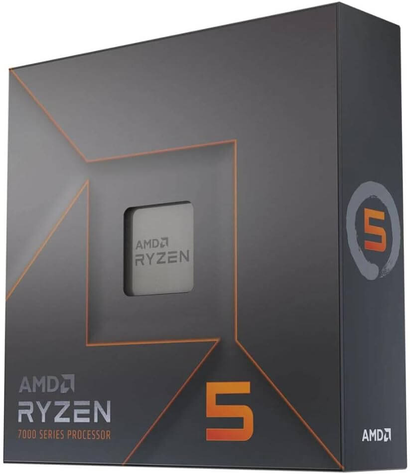 Processeur AMD Ryzen 5 7600X boîte de produit avec design moderne et logo AMD.