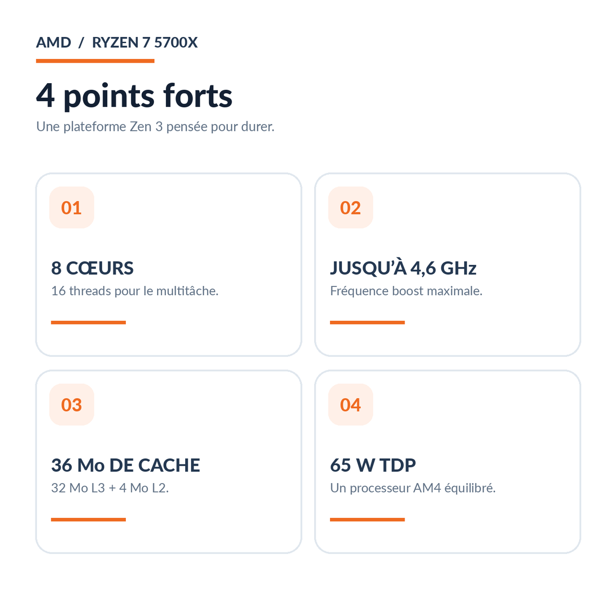 AMD Ryzen 7 5700X quatre points forts 8 cœurs 16 threads 36 Mo cache TDP 65 W