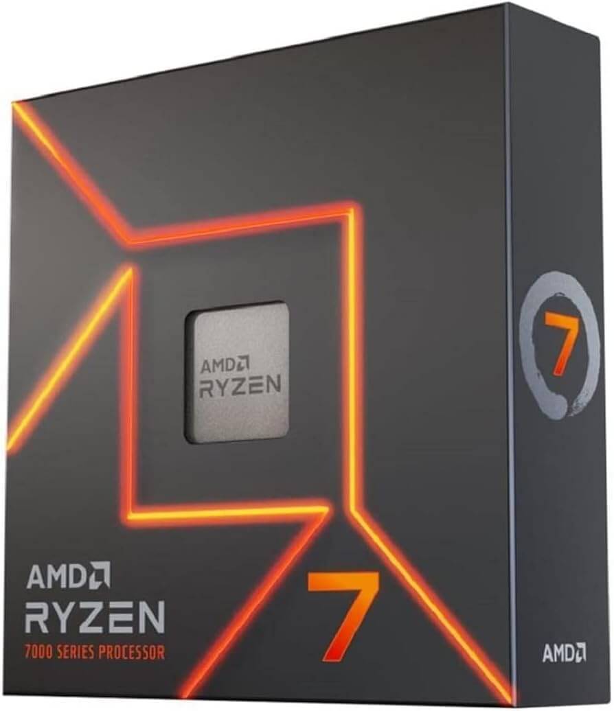Emballage du Processeur AMD Ryzen 7 7700X avec design moderne et logo distinctif.