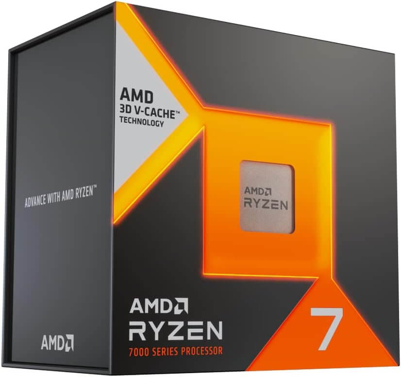 AMD Processeur Ryzen 7 7800X3D avec boîte et technologie AMD 3D V-Cache visible.