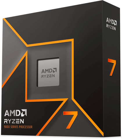 Emballage du processeur AMD Ryzen 7 9700X Processeur avec logo AMD Ryzen sur fond noir.
