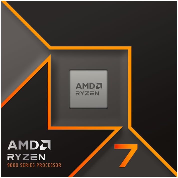 AMD Ryzen 7 9700X Processeur avec un design moderne sur fond noir et orange.