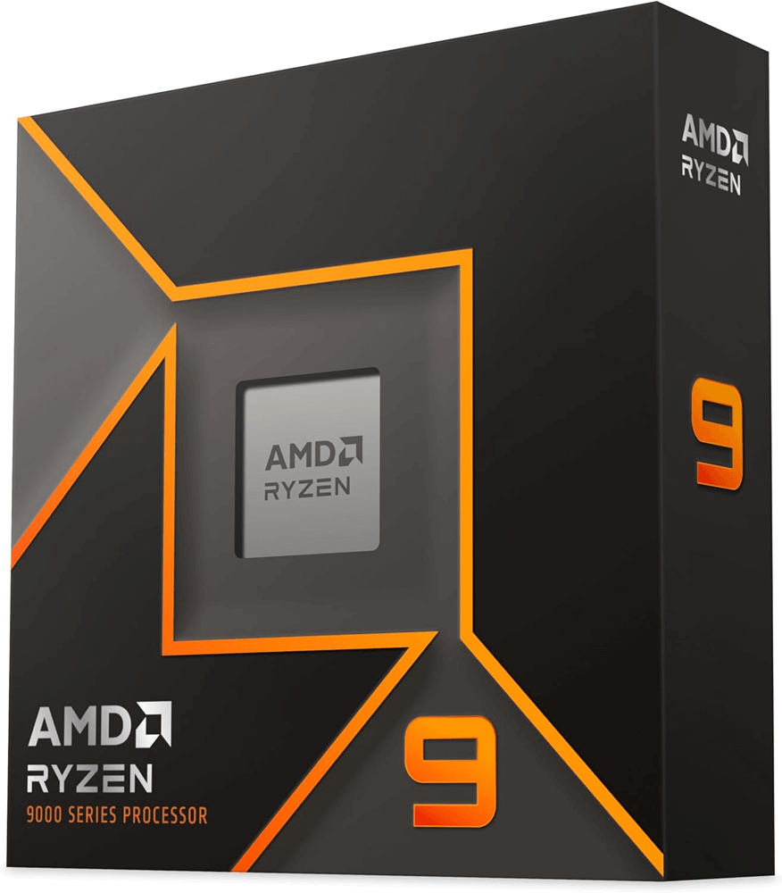 Processeur AMD Ryzen 9 9900X dans sa boîte noire avec logo Ryzen orange et mention AM5.