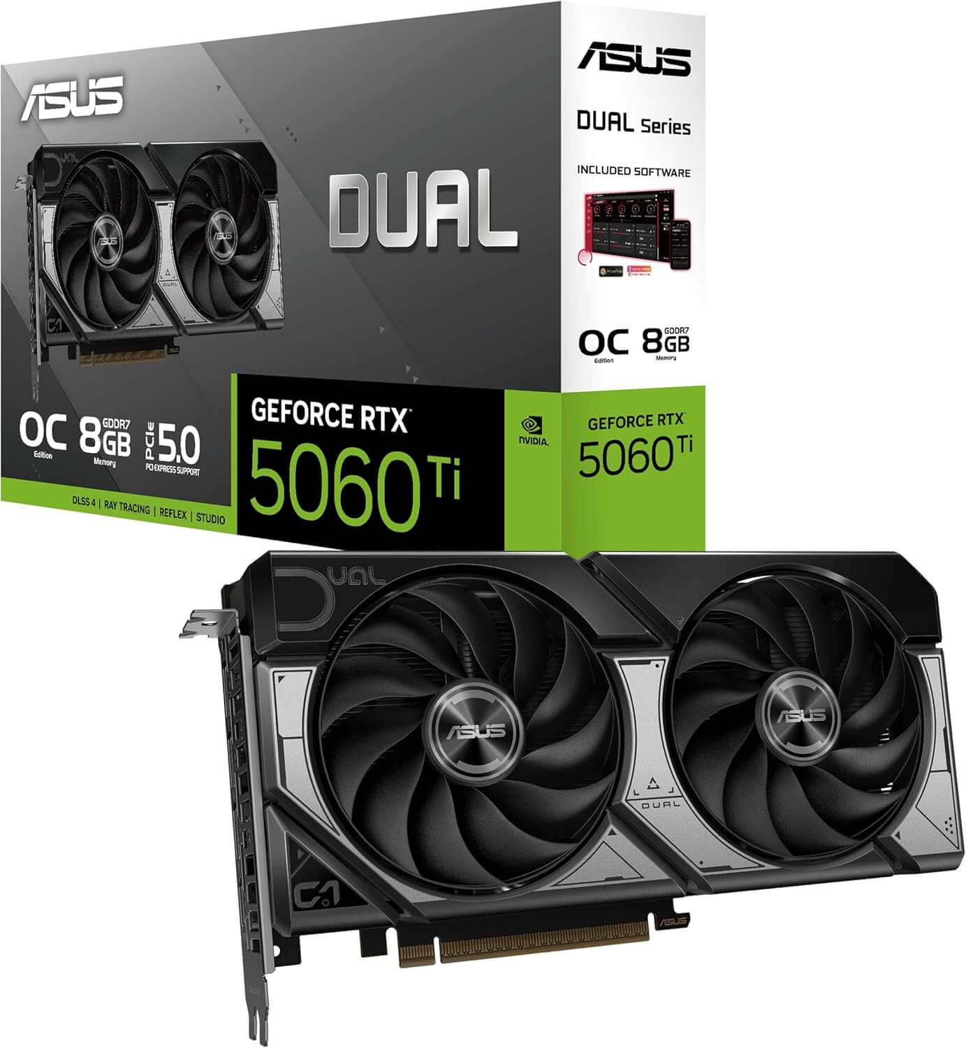 ASUS Dual GeForce RTX 5060 Ti OC avec refroidissement à double ventilateur et boîte.