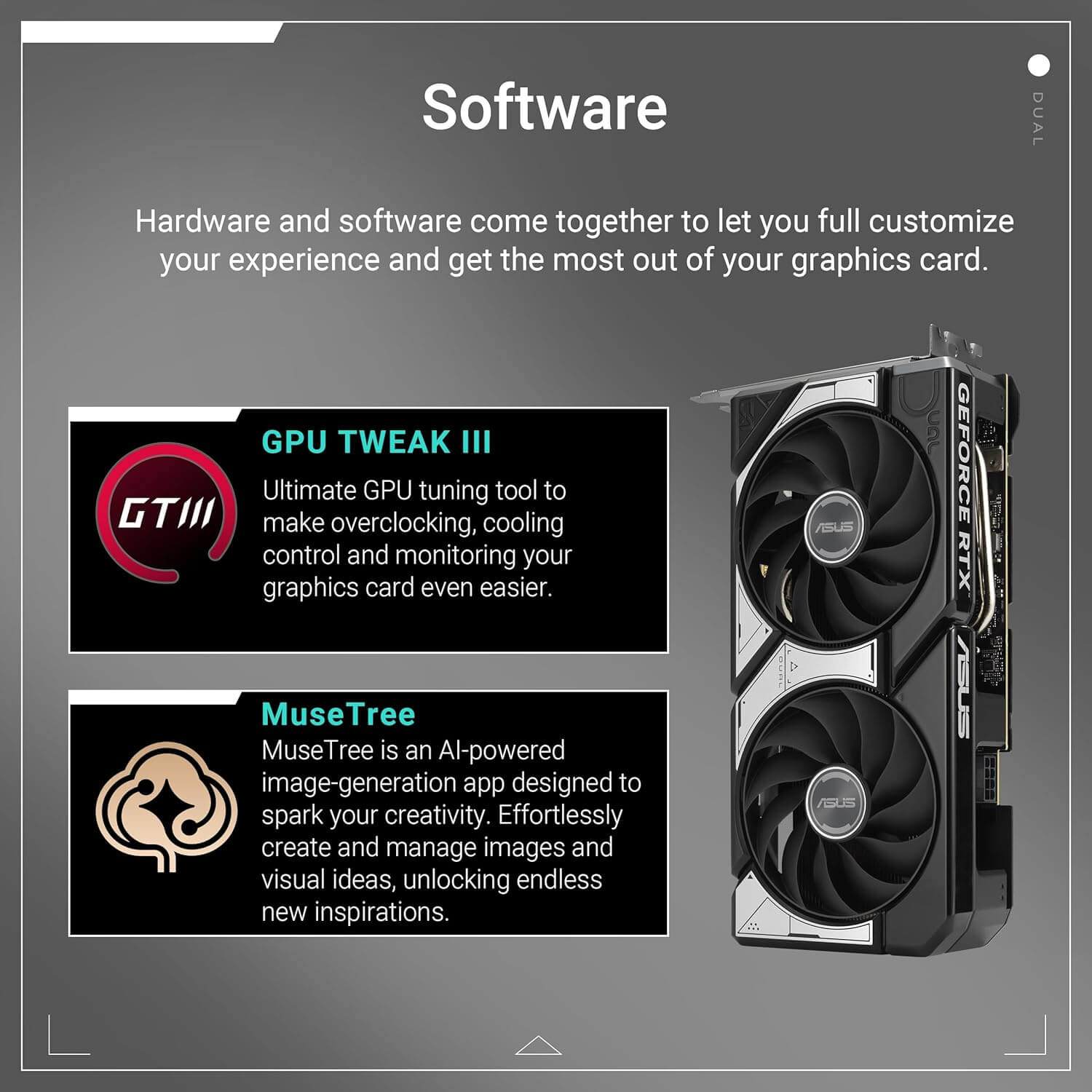 ASUS Dual GeForce RTX 5060 Ti OC avec GPU Tweak III et MuseTree pour l'optimisation des performances graphiques.