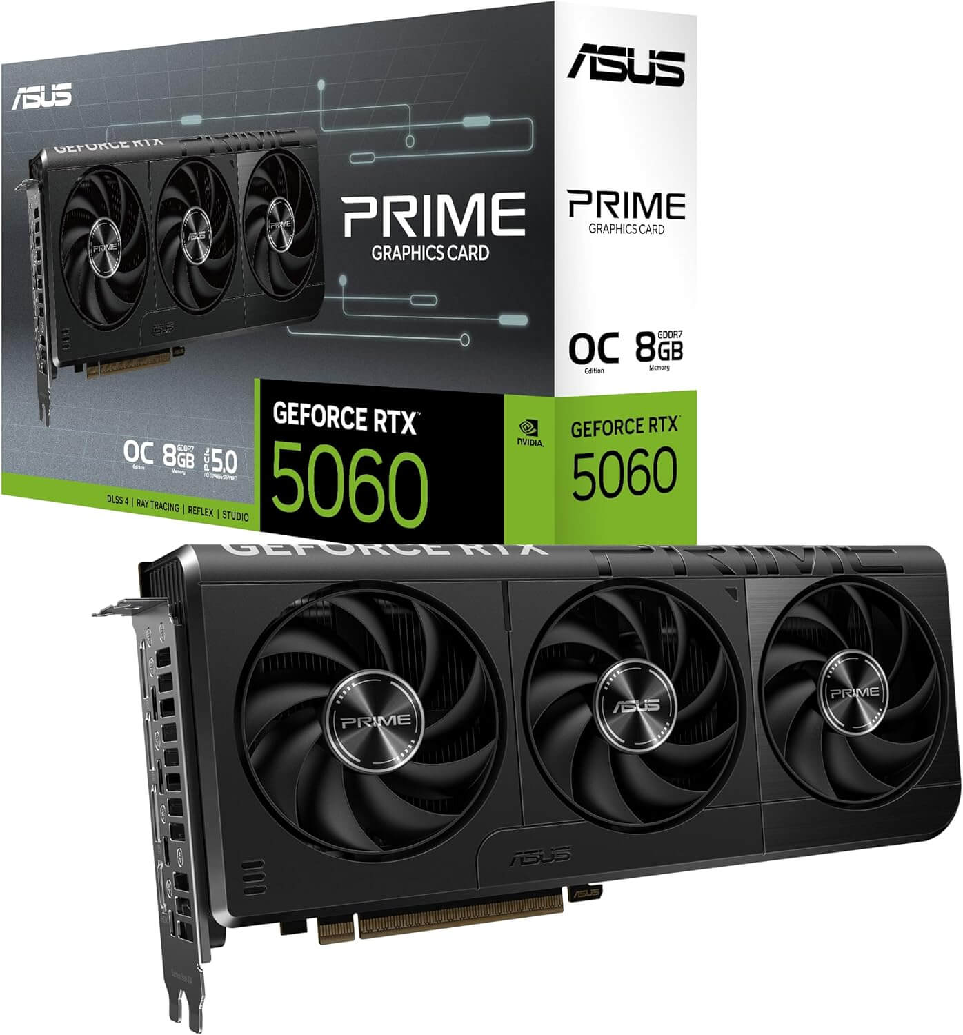 ASUS PRIME GeForce RTX 5060 8 Go Carte Graphique avec ventilateurs avant et boîte affichant les spécifications.