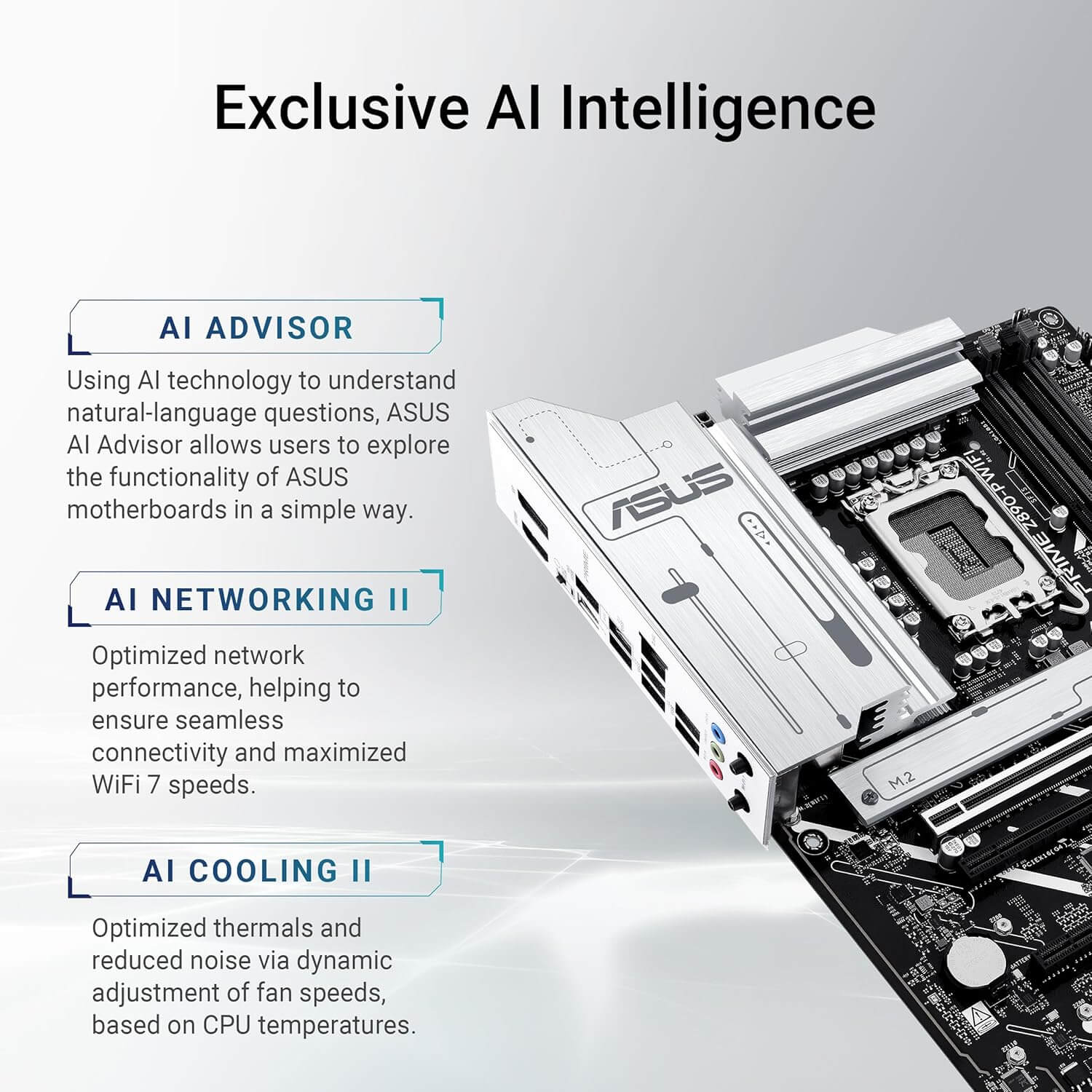 Image présentant l'ASUS Prime Z890-P WiFi avec fonctionnalités d'intelligence artificielle.