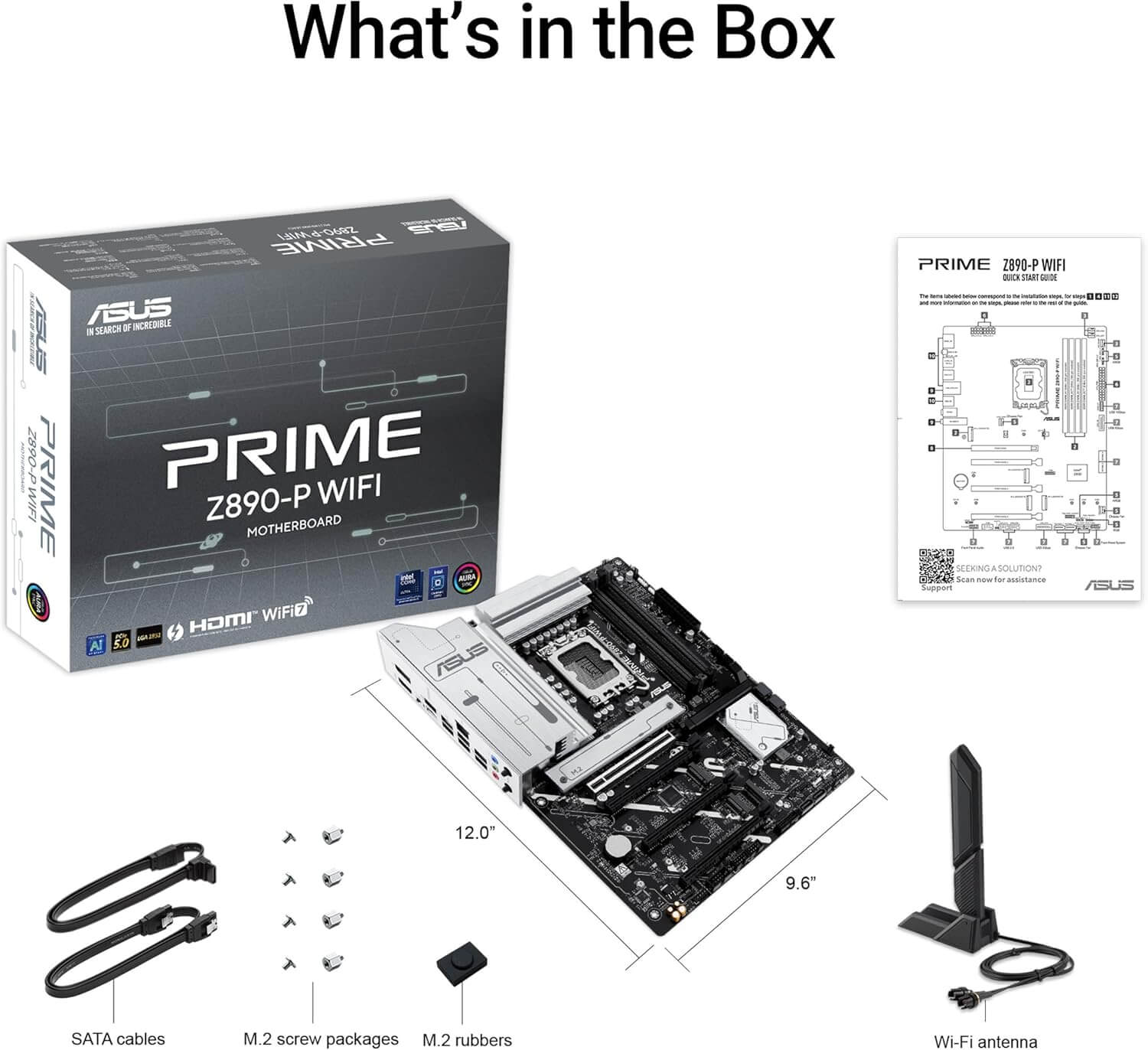 ASUS Prime Z890-P WiFi, composants dans la boîte comprenant câbles SATA et antenne Wi-Fi