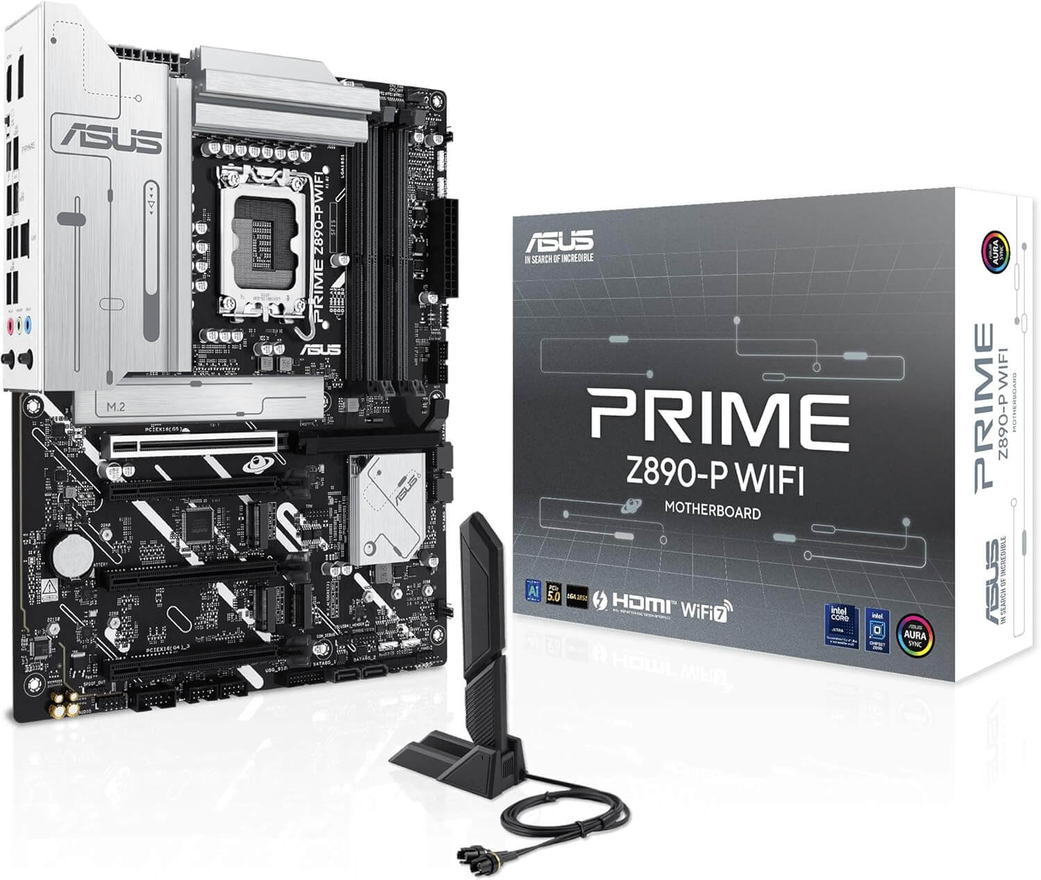 Carte mère ASUS Prime Z890-P WiFi avec antenne et emballage, idéale pour PC modernes et performants.