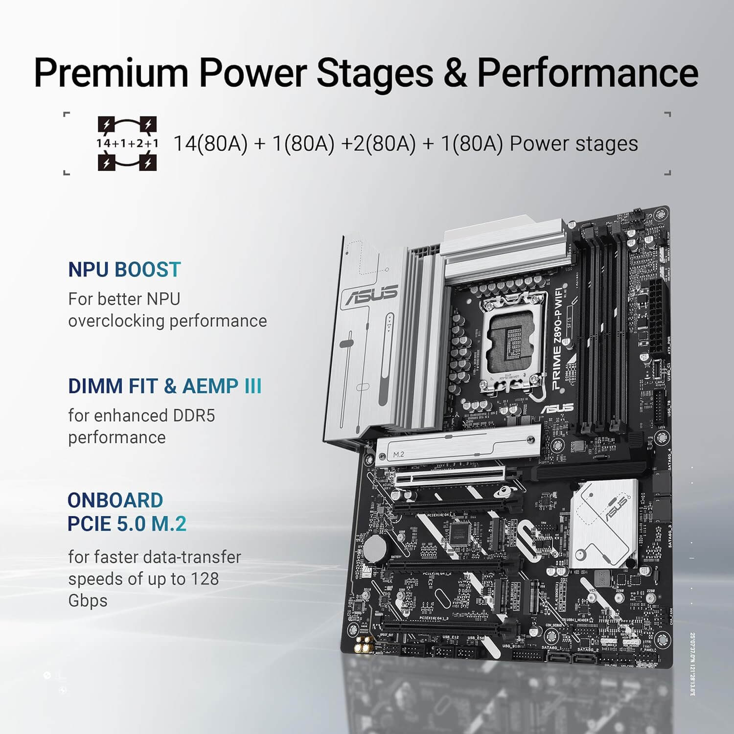 Image de la carte mère ASUS Prime Z890-P WiFi avec des étapes de puissance premium et fonctionnalités de performance.