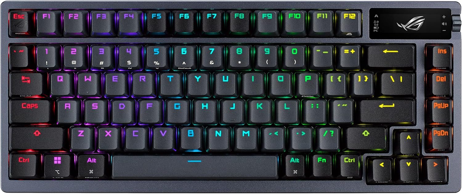 Clavier ASUS ROG Azoth Gaming mécanique sans fil avec écran OLED et rétroéclairage RGB.