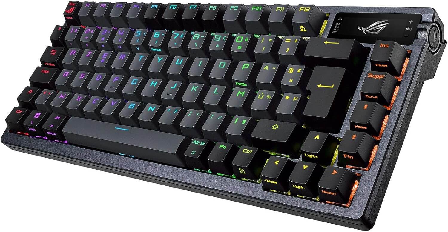 Clavier ASUS ROG Azoth Gaming en gros plan affichant les switches ROG NX et la molette de contrôle.