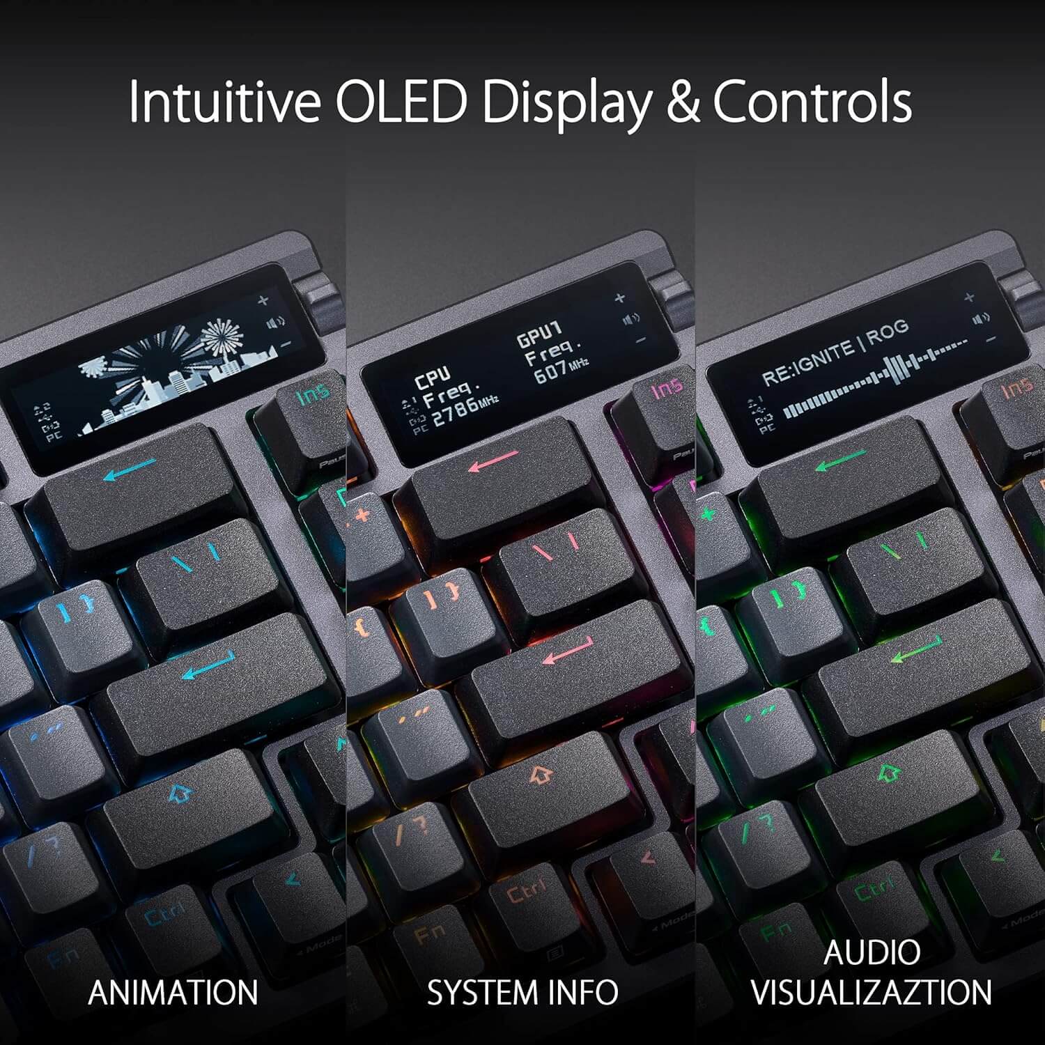 ASUS ROG Azoth Gaming features intuitive OLED display for system info and audio visualization.