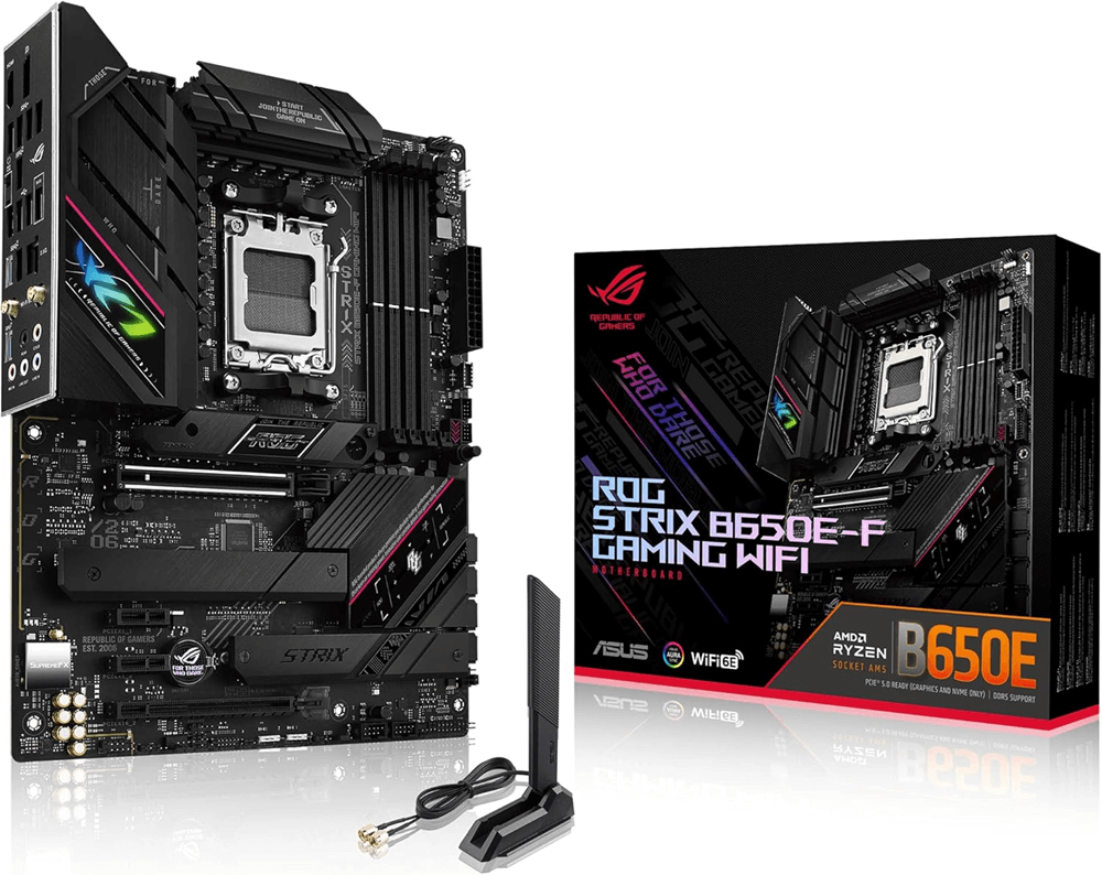 Boîte de la carte mère ASUS ROG STRIX B650E-F affichant le logo ROG et le chipset AMD B650E.
