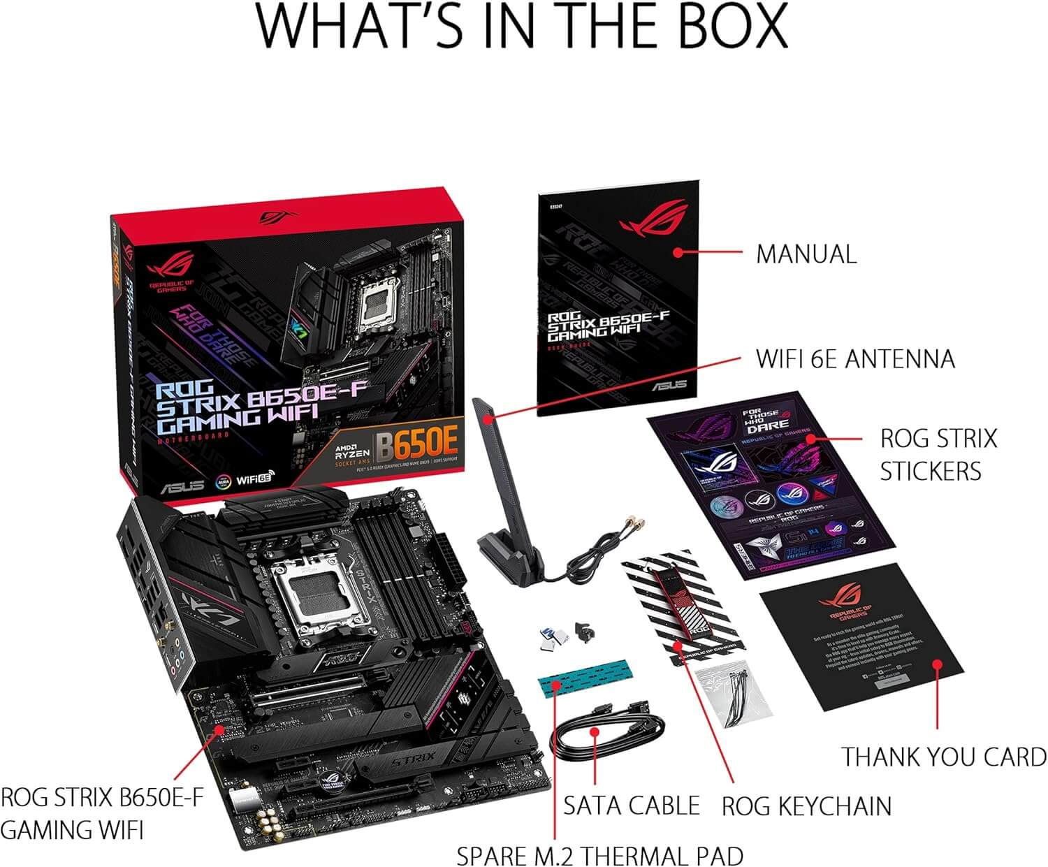 ASUS ROG STRIX B650E-F Gaming WiFi unboxing with accessories including manuals and stickers