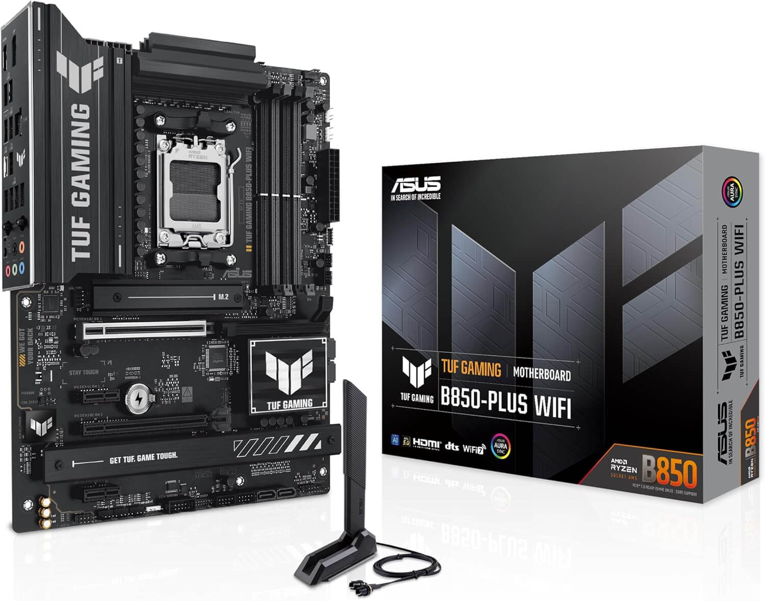 ASUS TUF B850-PLUS WIFI carte mère avec boîte et antenne, design robuste pour PC moderne.