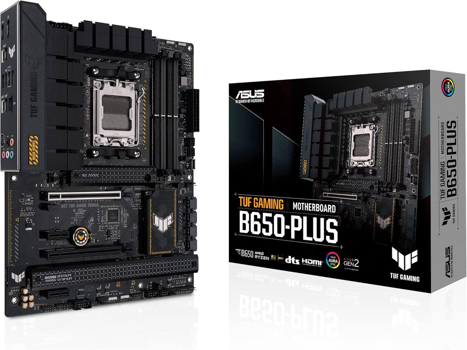 Carte mère TUF GAMING B650-PLUS vue de dessus, connecteurs PCIe 5.0 et M.2 visibles.