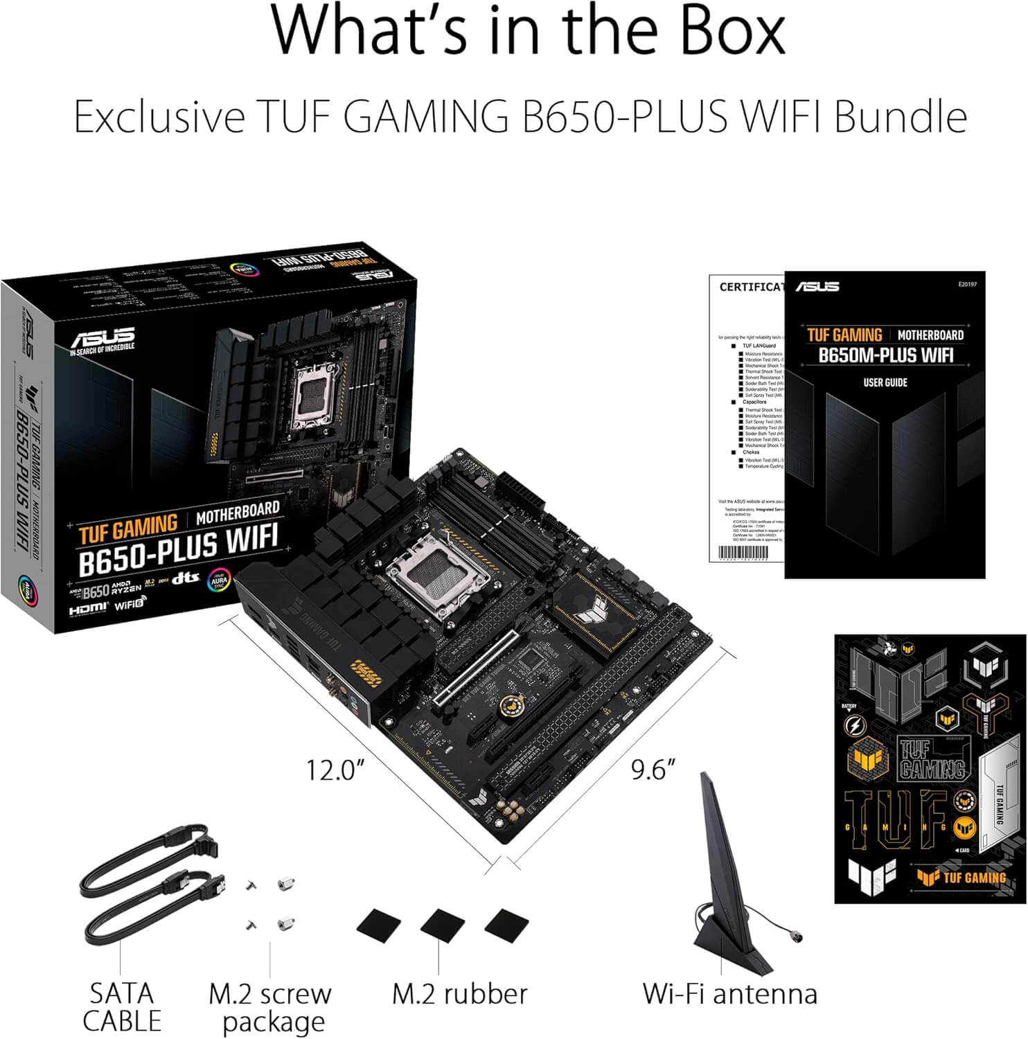 Exclusive TUF GAMING B650-PLUS WIFI Bundle with motherboard, accessories and Wi-Fi antenna.