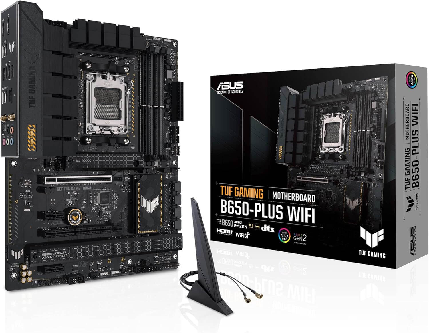 Carte mère TUF GAMING B650-PLUS WIFI vue de dessus avec ports M.2 et dissipateurs thermiques.