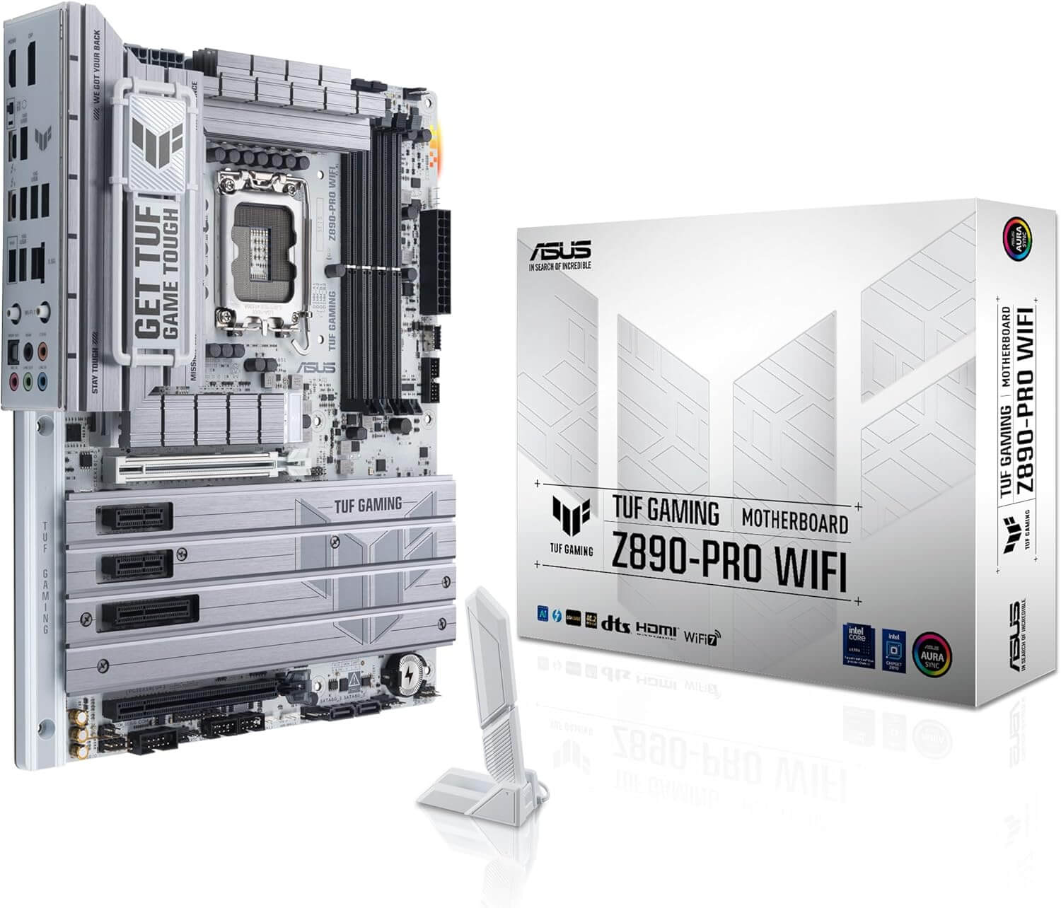 ASUS TUF Z890-PRO WiFi carte mère avec boîtier et antenne WiFi, design moderne et solide pour gamers