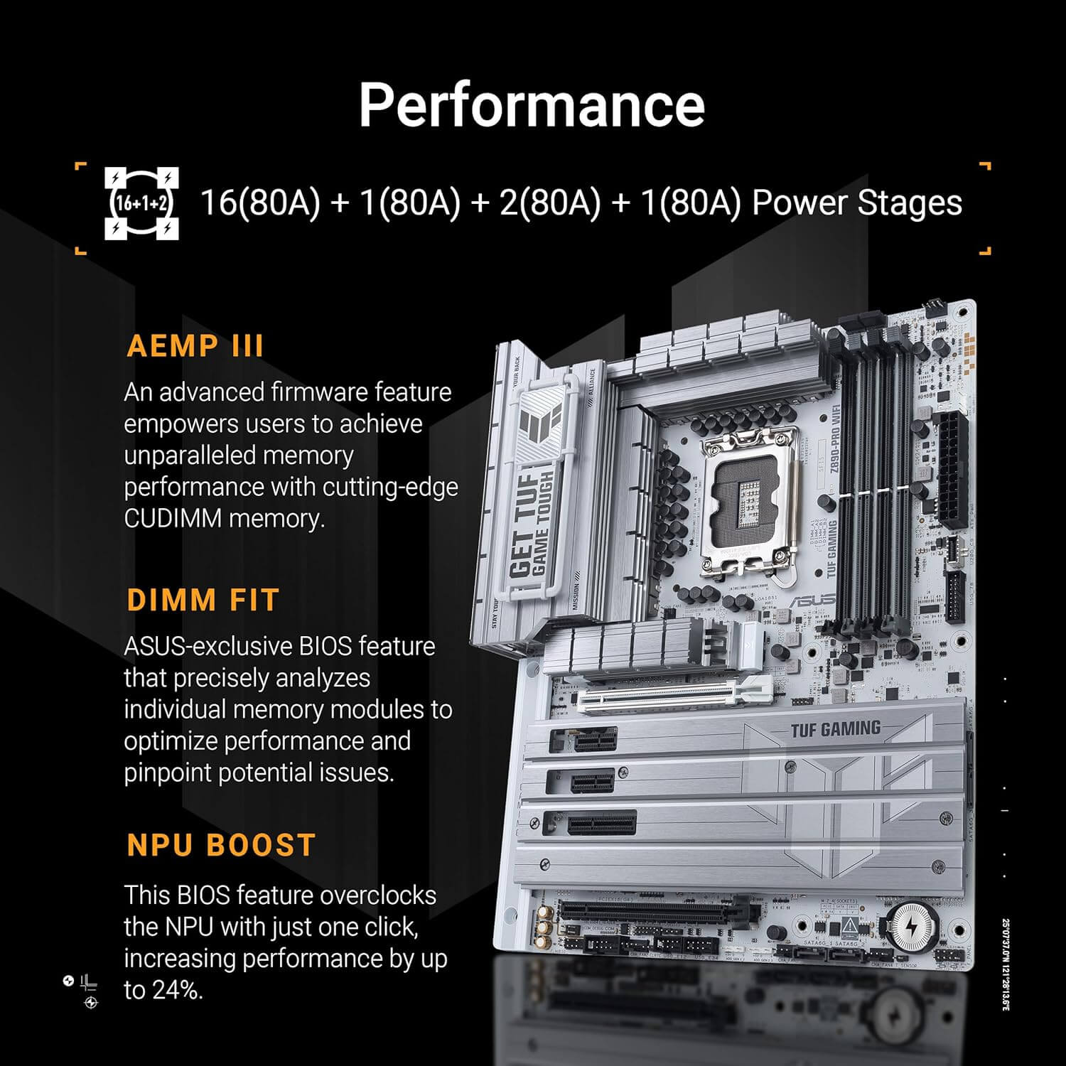ASUS TUF Z890-PRO WiFi avec caractéristiques de performance et modules de puissance avancés.
