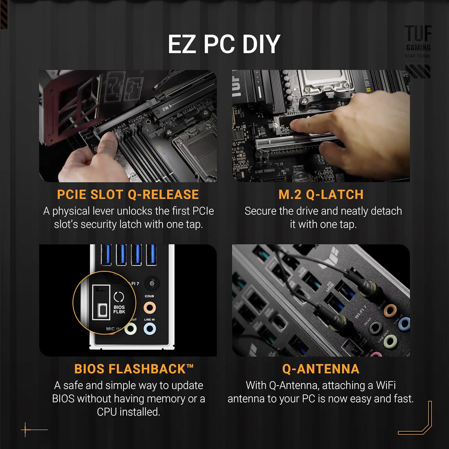 Image montrant les fonctionnalités EZ PC DIY de la carte mère ASUS TUF B850-PLUS WIFI, incluant Q-Release, Q-Latch, Flashback et Q-Antenna.