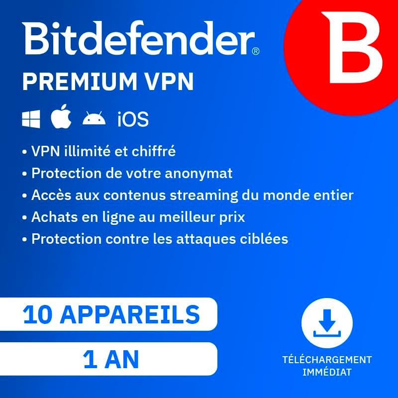 Bitdefender Premium VPN illimité | VPN illimité et chiffré pour 10 appareils pendant 1 an | Protection en ligne