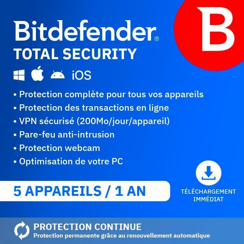 Bitdefender Total Security - Protection complète pour 5 appareils pendant 1 an avec VPN, pare-feu et optimisation PC.