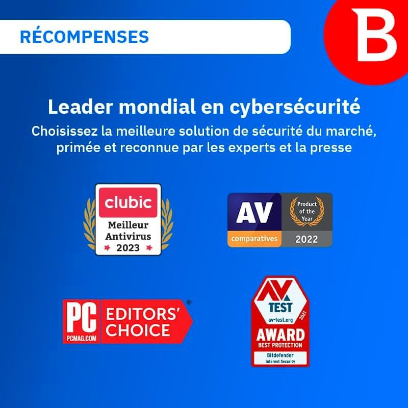 Bitdefender Total Security récompensé leader en cybersécurité avec badges d'honneur pour meilleur antivirus 2023.