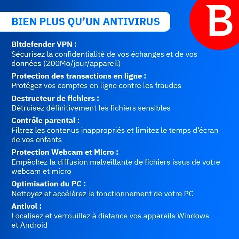 Bitdefender Total Security features list including VPN, parental control, and PC optimization.