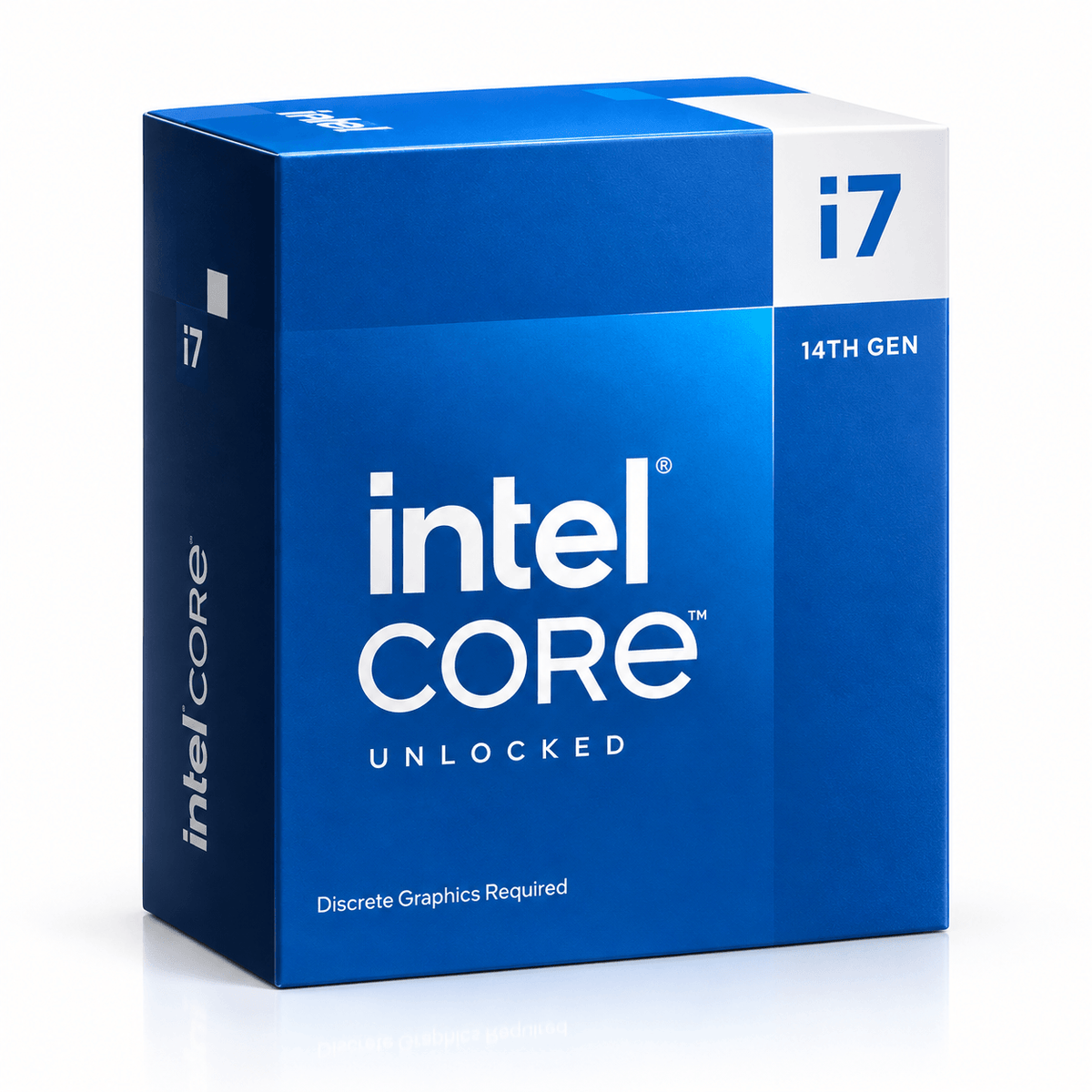 Boîte du processeur Intel Core i7-14700F avec design bleu et caractéristiques de 14ème génération.
