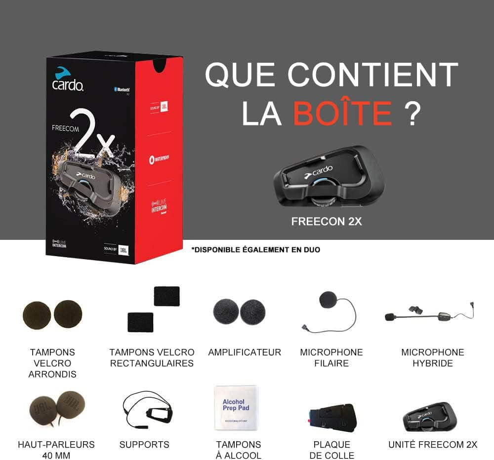 Pack Intercom Cardo FREECOM 2X Sound by JBL avec les deux modules et logo JBL visible.