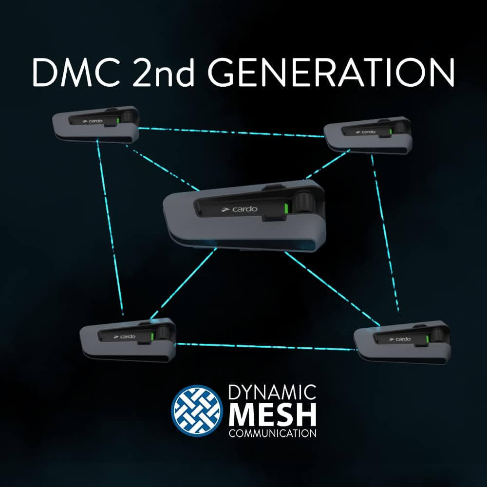 Intercom Cardo Packtalk Edge Sound by JBL showcasing DMC 2nd generation dynamic mesh communication technology.