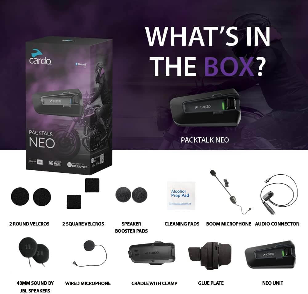 Intercom Cardo PACKTALK Neo, contenu de la boîte, accessoires et équipements pour motards.