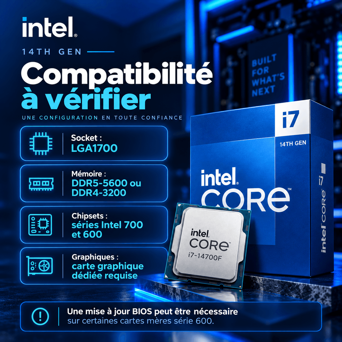 Intel Core i7-14700F processeur avec boîte, informations de compatibilité et performance de la 14e génération.