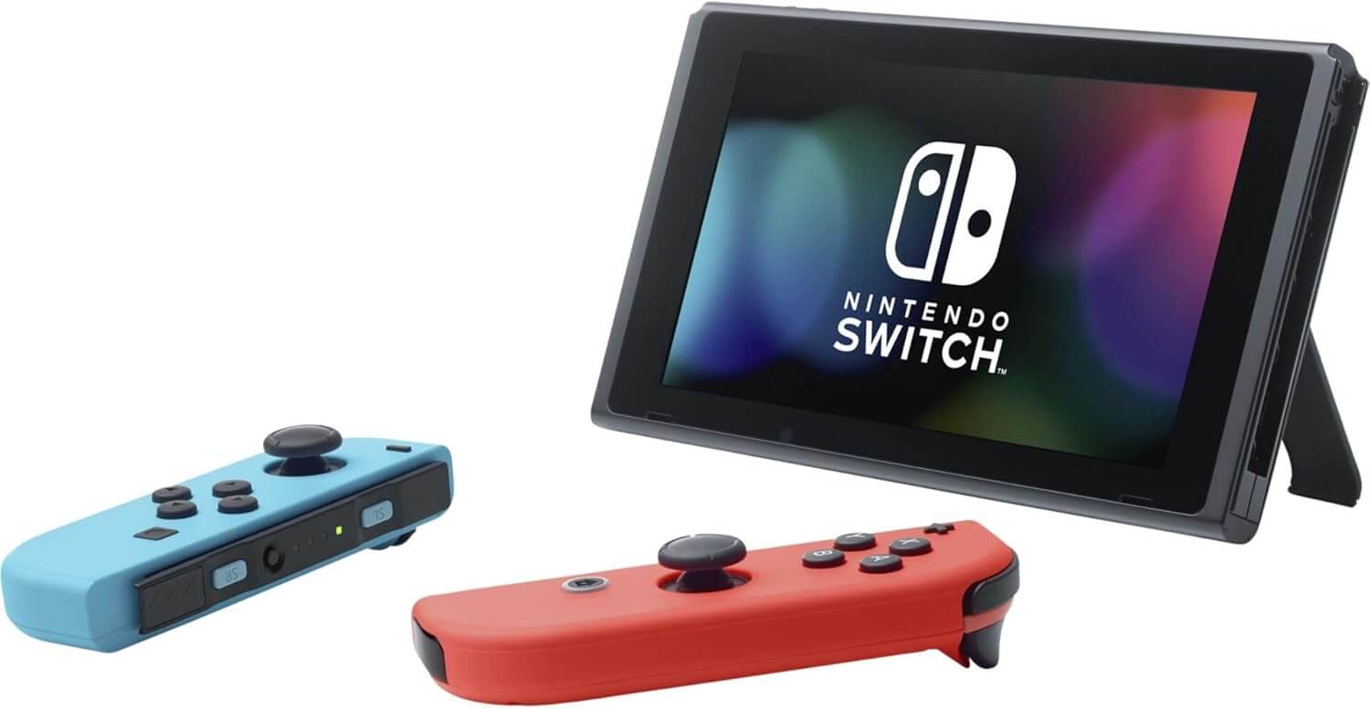 Console Nintendo Switch V2 avec manettes Joy-Con bleu et rouge, affichage lumineux.