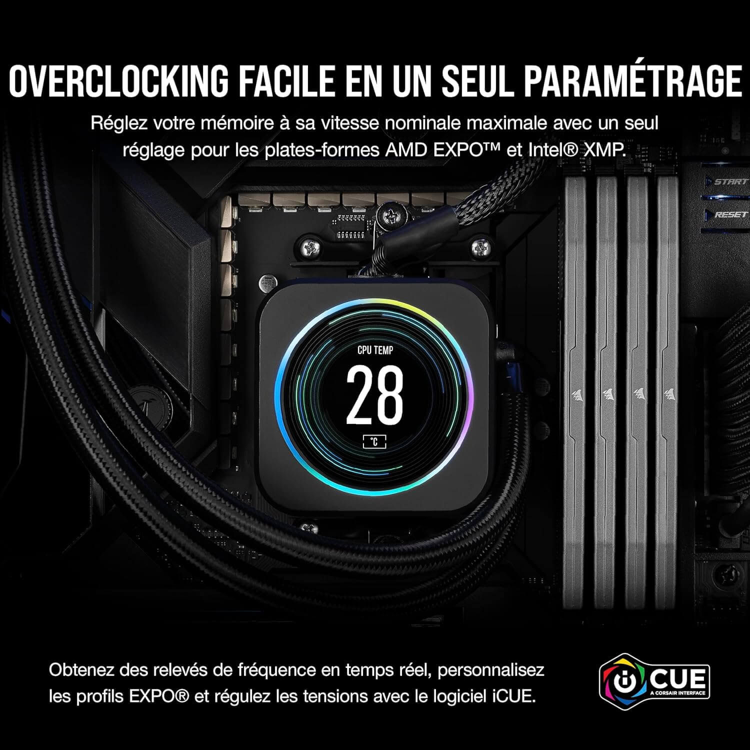 Image montrant le réglage d'overclocking facile avec CORSAIR Vengeance CL36 et logiciel iCUE.