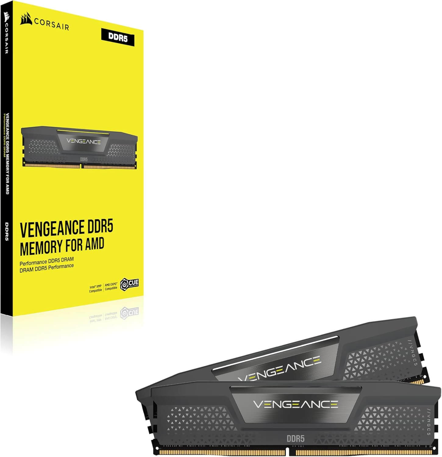 CORSAIR Vengeance DDR5 RAM 32GB with box showcasing high performance for AMD systems.